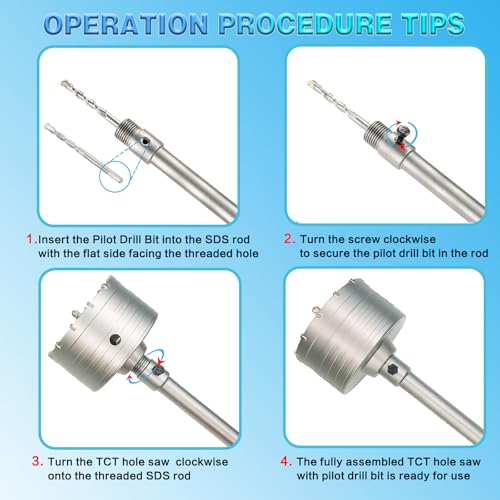 4" Concrete Hole Saw, 102mm Tungsten Steel Core Bit for Cinder Block, Brick, Rock, Plank Walls for Pipes or mini Split Lines, with SDS Plus Shank and 2 Center Positioning Drill Bits. 4"