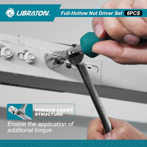 LIBRATON Full-Hollow Nut Driver Set SAE, 12-Point Magnetic Nut Drivers 6