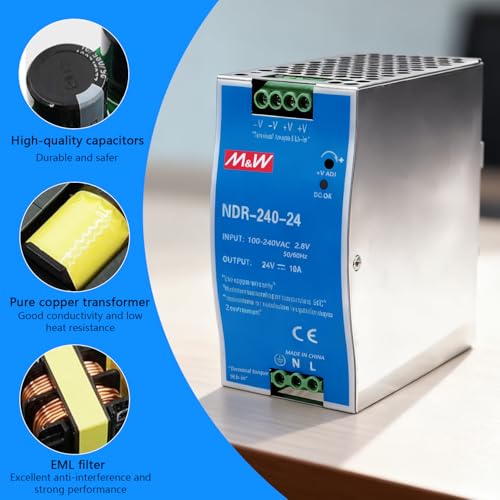 DIN Rail Power Supply, 24V 240W DIN Rail Switching Power Supply Input 100-240VAC 2.8A, Output DC 24V 10A, Multiple Protection Functions, Widely Used, Industrial Model NDR-240-24