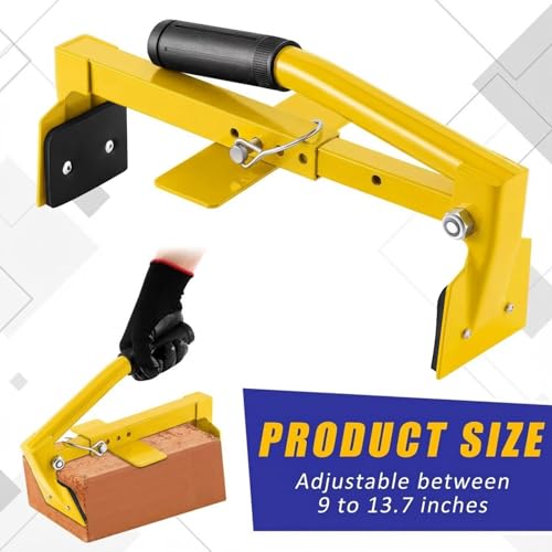 Adjustable Heavy Duty Brick Tongs Set Heavy Duty Block Tongs with Rubber Pad Handle and Work Gloves Adjustable 9-13.7 Inches Paver Tool for Bricks Lifting Carrying (Yellow) Yellow