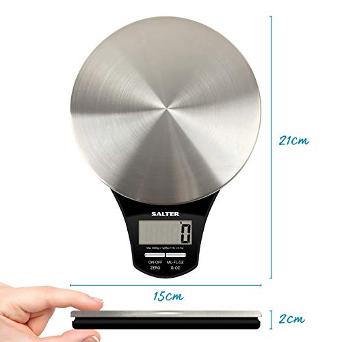 Salter Digital Kitchen Scale – Food Scales, Kitchen Weighing Scales, 5kg Capacity, Stainless Steel Platform, Measure Liquids, Add & Weigh, Tare/Zero Function, 1 x CR2032 Battery Included, 1035 SSBKDR Aquatronic Platform Scale