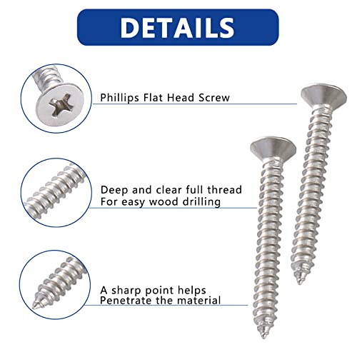 530Pcs Stainless Steel Wood Screws Set #4#6#8#10#12 Phillips Flat Head Sheet Metal Screw Self Tapping Screws Assortment Kit, Length 1/4" to 2" Flat Head - 304 Stainless Steel - 530pcs