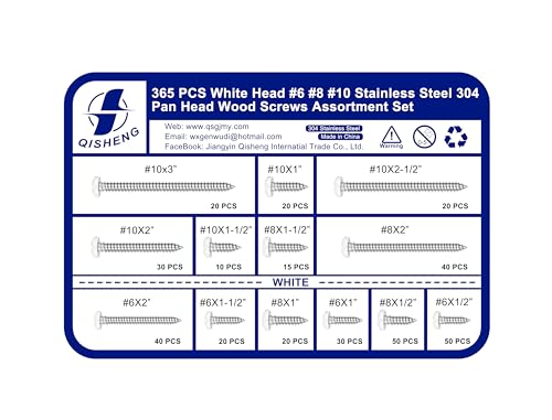 QISHENG 365 PCS #6#8#10 White Painted Phillips Pan Head Wood Screws Assortment Set, Stainless Steel 304 Fastener Kit for Cabinetry & Woodworking #6#8#10 Set