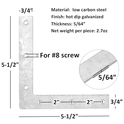 10 Pack 5-1/2" x 5-1/2" x 3/4" Flat Corner Brace, L Flat Mending Plate