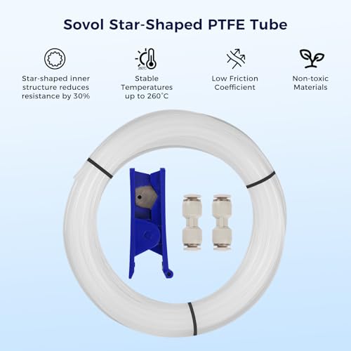 Sovol PTFE Tube 2.5mm ID 4mm OD,Star-Shaped Low-Resistance Tubing 5M, High-Temp Resistant, with 2 Couplers for Bambu lab X1/ X1C/ P1P/ P1S/ A1/ A1 Mini, Prusa MMU3, K1 Max/Ender 3 V3 3D Printer 5 Meter (Star-shaped)