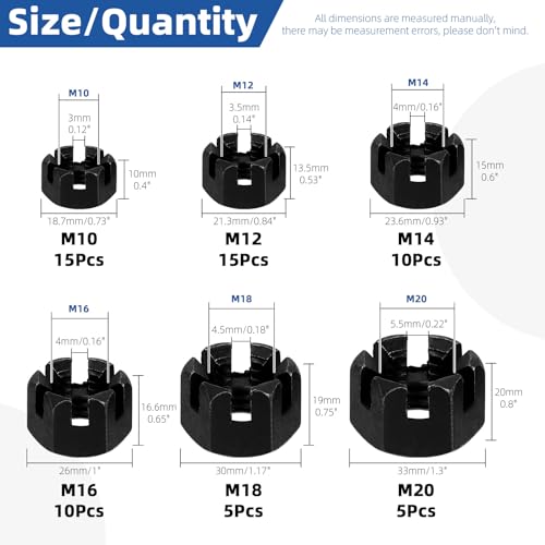 Glarks 60Pcs M10 M12 M14 M16 M18 M20 Black Hexagon Slotted Nuts Assortment Kit, 6 Size Carbon Steel Hex Castle Nuts for Car Moto Furniture Fasteners Repair