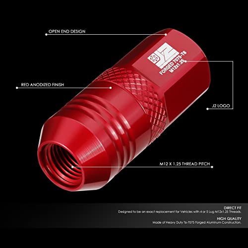 J2 Engineering J2-LN-T7-040-125-RD M12 x 1.25 T6-7075 Aluminum 50mm Open End Lug Nuts w/Deep Drive Extension Adapter,Red,21mm x 50mm