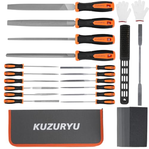 KUZURYU 31PCS Metal File Set - 4 Metal Files for Steel and 12 Needle Files with Steel Brush, Tool Bag, Riffler File, 12 Sandpaper and Gloves, Suitable for Metal and Wood Processing File Set-31pcs