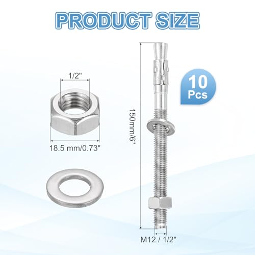 MECCANIXITY 10 Pcs Wedge Anchors, 1/2" x 6" Stainless Steel Concrete Anchors Bolts, Heavy Duty Standard Fastener for Cement Wall Base Bracket (Include Washers Nuts, Silver Tone) 1/2" x 6"