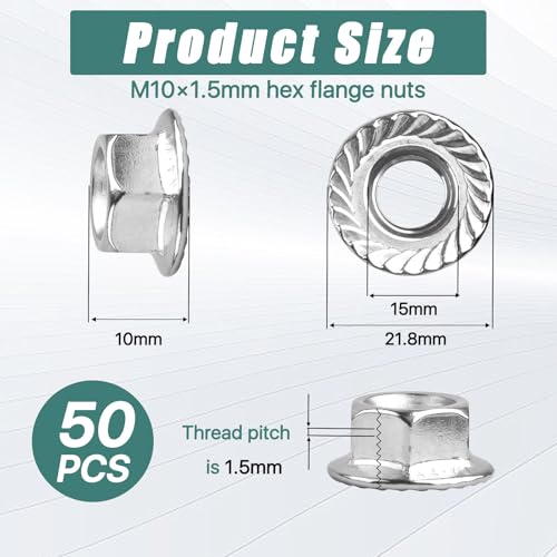 50 Pcs M10 x 1.5mm Flange Nuts,304 Stainless Steel Metric Serrated Flange Hex Flange Nuts, Bright Finish Lock Nuts,Silver M10 x 1.5, 10mm, 10mm