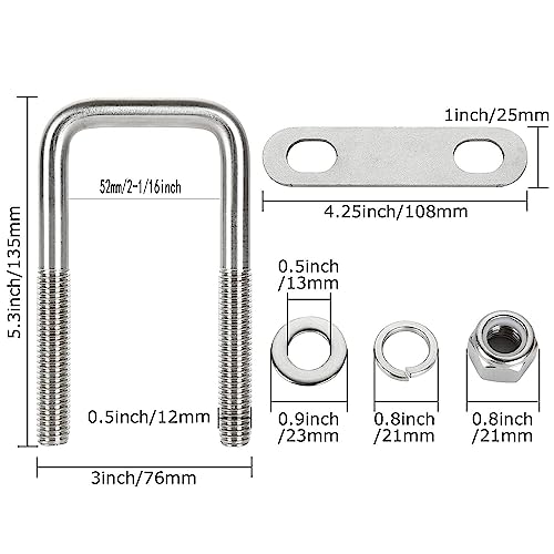 4Pack Square U-Bolts Stainless Steel U Bolts 1/2" D x 2-1/16" W x 4-3/4"L Boat Trailer Ubolts with Washers and Nuts, Replacement Parts and Accessories for Automobiles Trailer, Ski Boat 2-1/16inch