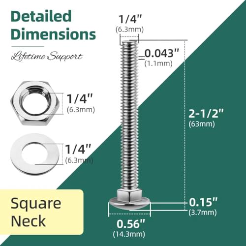 (16 Sets) 1/4-20 x 2-1/2 Carriage Bolts with Nuts and Washers & 50-Pack Heavy Duty Self Drilling Structural Screw, #14 x 3 Wood Screws, Lag Screws 3 Inch, 1/4 Carriage Bolts Screws