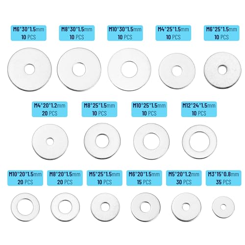 Bates- Fender Washers Assortment Kit, 230 pcs, Stainless Steel Flat Washers, 15 Sizes(M3-M12), Stainless Steel Fender Washers, Flat Washer, Large Washer Fender Washer Assortment, Assorted Washers