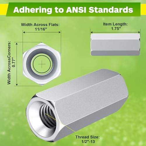 Hex Coupling Nuts 1.75-Inch, 5/16"-18, 3/8"-16, 1/2"-13 (30 PCS), Ideal for Threaded Rods & Studs