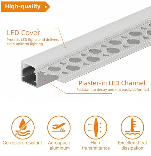 6 Pack 3.3FT/1M Plaster-in LED Channel, led Diffuser Channel Trimless Recessed Drywall Aluminum LED Profile Track for Wall & Ceiling, Milky Diffuser Cover 6 Pack-3.3ft/1Meter