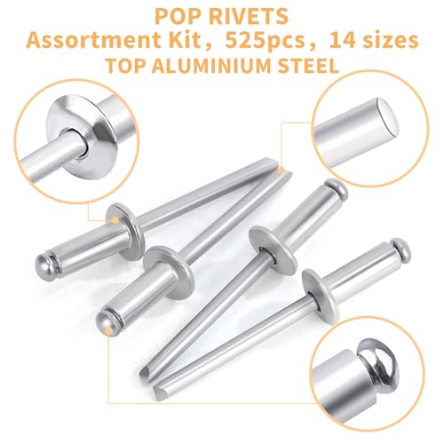 Pop Rivets, Pop Rivets Assortment Kit, Aluminum Rivets kit, Pop Rivet Set Including (3/32" 1/8" 5/32" 3/16" 1/4"), Assorted Blind Rivets for Metal Dome Head Rivet kit 525 Pcs 3/32" 1/8" 5/32" 3/16" 1/4"
