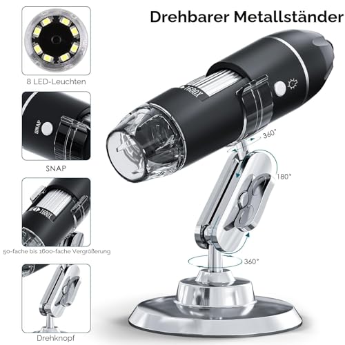 USB Digital Microscope, SKYBASIC Handheld HD Inspection Camera with 50x to 1600x Magnification and Adjustable Stand, 8 LED Lights, Compatible with iOS and Android Devices black