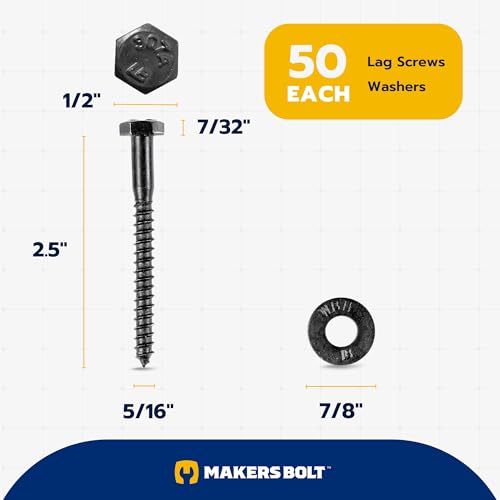 5/16 x 2-1/2 (50 Pack) Lag Screw Kit, 50 Screws and 50 Washers, Ceramic Black Ruspert Coating for Exterior Use, Meets ASTM A307 and ASME B18.2.1, Industrial/Commerical Grade by Makers Bolt 5/16 x 2-1/2