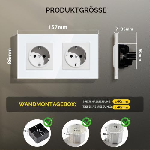 Schuko Socket Flush-Mounted EU Standard, 86 x 157 mm Wall Socket 16 A with Glass Frame, Easy Installation, Folding Claws, Type F Double Socket with Earth, 2-Way, White 2 outlets