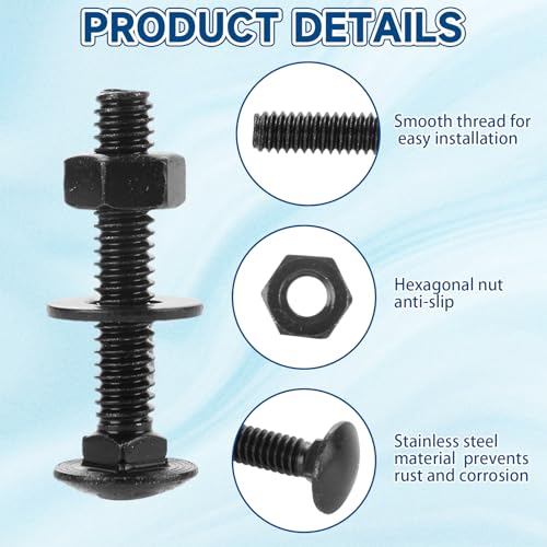 50 Sets 1/4-20 x 1-1/2 Black Carriage Bolts and Nuts Kit Stainless Steel