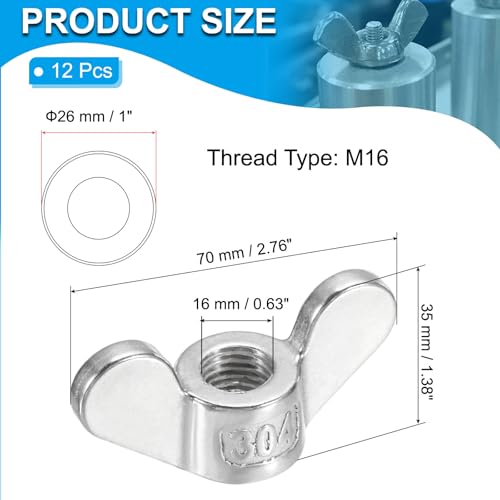 PATIKIL M16 Wing Nuts, 12Pcs 304 Stainless Steel Butterfly Nut Twist Fasteners Parts Smooth Finish Wing Fastener Nuts for Repairing Manufacturing Engineering 12