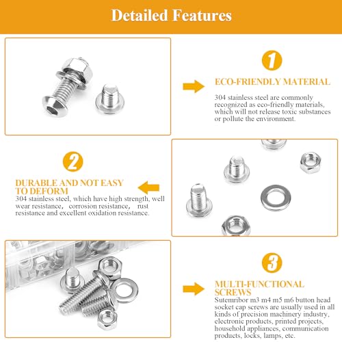 815 Pieces M3 M4 M5 M6 Button Head Socket Cap Screws Nuts Washers Assortment Kit, Metric Screw Assortment with Hex Wrenches, 304 Stainless Steel, Fully Threaded M3M4M5M6 (815 Pieces)