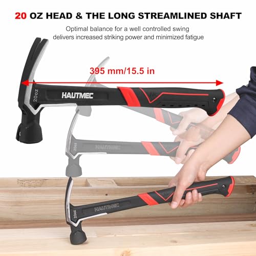 HAUTMEC 20 oz. One Piece Forged Framing Hammer With Straight Rip Claw Hammer, Milled Face, Shock-Absorbing Grip, with Magnetic Nail Holder, HT0371-HM 20oz Claw Hammer