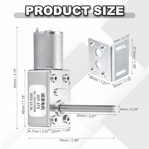 sourcing map JGY-370 12V 375RPM DC Worm Gear Motor M6 Thread Shaft High Torque Turbine Worm Gear Box Reducer Electric Motor with Fastener L-Shaped Bracket for Ovens, Projectors