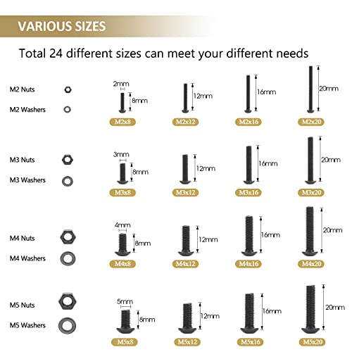 1285 Pieces M2 M3 M4 M5 Screws Nuts Washers Assortment Kit, Metric Screw Set, Bolts and Nuts, Machine Screws, Fully Machine Thread (Black, Button Head Socket Cap Screws Kit,) Black Button Head Socket Cap Screws Kit,