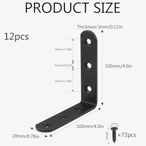 12 PCS Black L Brackets for Wood, 4" x 4" Heavy Duty L Corner Brace 90 Degree Metal Right Angle Bracket for Shelves, Furniture, Cabinets, Thickness 3MM, Included 72 PCS Screws 100x100MM