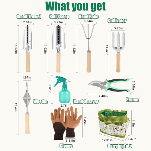 Garden Tool Set, 9 Pcs Heavy Duty Stainless Steel Gardening Hand Tool, Green Garden Tool Bag Kit, Gardening Supplies Gifts for Women Men Mom Dad Gardener Beginner Green-Yellow Flower