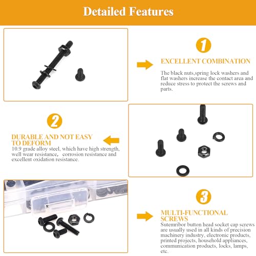 705 Pieces M2 Screws Nuts Washers Set Black, Sutemribor M2 x 4/6/8/10/12/16/20mm Button Head Socket Cap Screws Nuts Washers Assortment Kit, 10.9 Grade Alloy Steel, Fully Threaded M2 x 4/6/8/10/12/16/20mm Kit