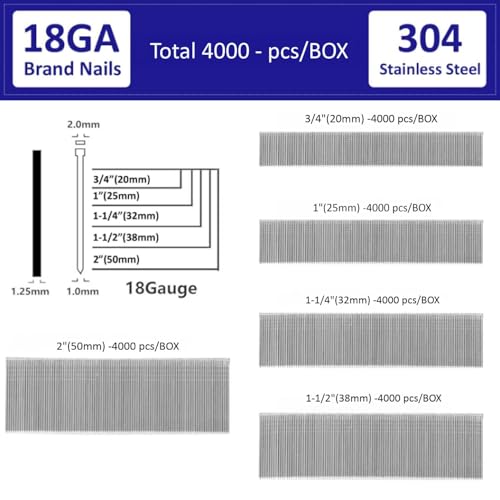 18GA Brad Nails, 304 Stainless Steel Small Finishing Nail Gun Nails for Pneumatic, Electric Brad Nailer Guns, Convenient For a Variety of Work Projects ((2" -4000 pcs))