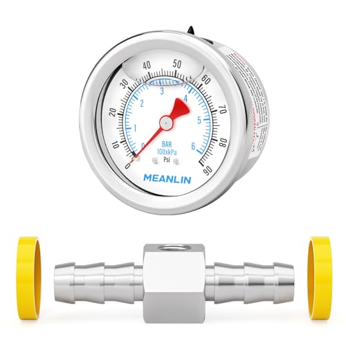 MEANLIN MEASURE 0~6BAR/90PSI Stainless Steel Glycerine Filled Fuel Pressure Gauge 1/8 Inch BSP 1.5 Inch Face Dial, with 1/2 Inch Fuel Line Pressure Adapter Liquid Filled Pressure Gauge (9 Pieces Kit Rear mounted (1/2 inch fuel line)
