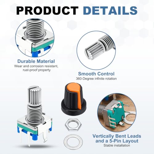 sourcing map 5Pack EC11 Rotary Encoder Code Switch, 15mm Full Shaft Digital Potentiometer 5 Pins with Push Button for Audio, DIY, Instrument Control, DVD, With Orange Plastic Knob