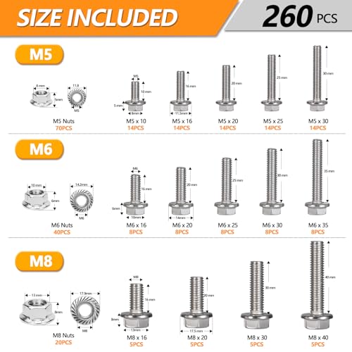 260 Pcs M5 M6 M8 Metric Flange Bolts Assortment, 16/20/25/30/40mm Screws M5/M6/M8 - 16/20/25/30/40mm