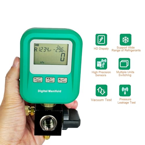 Portable Digital HVAC Manifold Gauge Set Refrigerant Gauge Diagnostic Tool for R134A/R410A/1234YF 12 Refrigerants | Pressure/Vacuum/Leak Test | Automotive & Home HVAC Maintenance