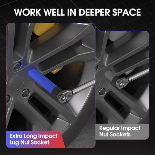3PC Lug Nut Socket Set, 1/2" Drive Extra Long Impact Sockets