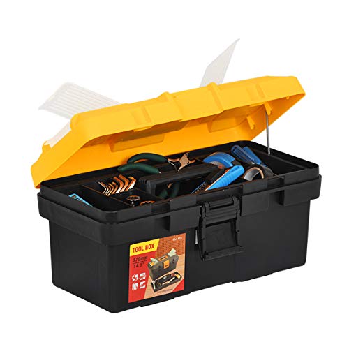 MEIJIA Portable Tool Storage Box, Organizers With Detachable Tray And Top Cover Storage Available,Black And Yellow(14.5") 14.5"