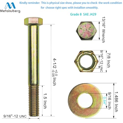 9/16" x 4-1/2" Hex Bolt by Color Galvanization with Nylon Lock nut and Large Washer Assortment Kit,Alloy Steel,Grade 8(6pcs Pack), 3" Wide Trailer Leaf Spring Bolt Kits,By metalsuberg G8 9/16" x 4-1/2"(6 pack) 6