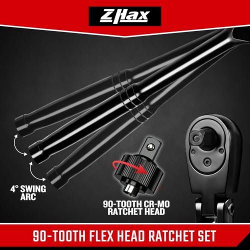 zhax 3-Piece Flex-Head Ratchet Set, 1/4”, 3/8”, 1/2” Drive 90-Tooth Ratchets, Quick Release Reversible Ratchet Wrenches for Repairing, Home, DIY, Chrome Alloy Made