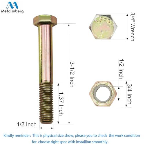 Grade 5 Shear Bolts 1/2" x 3-1/2" for Rotary Cutter,Tractor Gearbox,by Color Galvanization with Nylon Lock Nut Kit,by Metalsuberg (12pcs Pack) 12pcs Grade 5