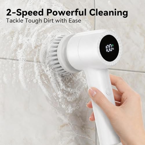 Electric Spin Scrubber Cordless, 5 In 1 Waterproof Cordless Electric Cleaning Brush with LED Display, Floor Scrubber with 2 Speeds 5 Brush Heads for Bathroom Tub Wall Kitchen Tile Car(White) White