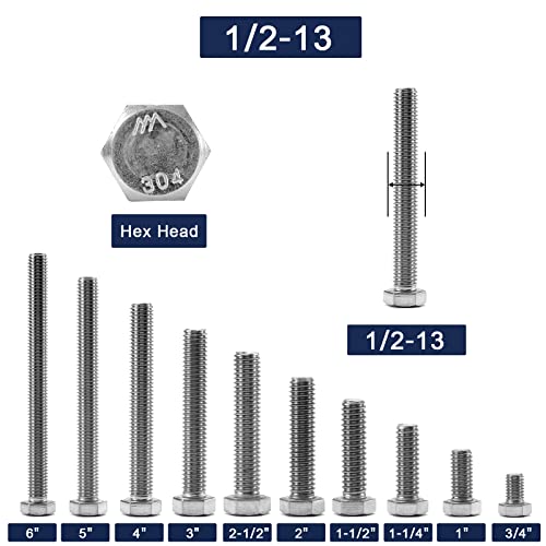1/2-13 x 5 Hex Head Screw Bolt, 10Pcs 18-8 (304) Stainless Steel, Fully Threaded, Plain Finish, by SG TZH