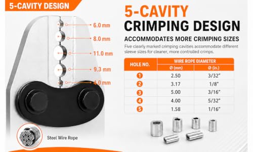 KF CPTEC Wire Rope Crimping Tool, 5-Cavity Hand Swager for 1/16-3/16" Cable