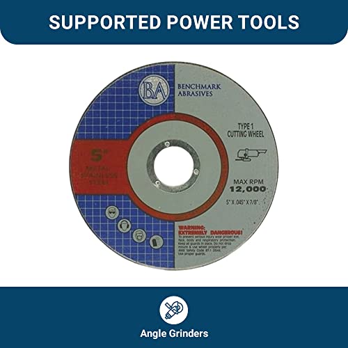 Benchmark Abrasives 5 Inch Aluminum Oxide Self Sharpening Grinder Cut Off Wheels for Meta and Steel, .045" Thick 7/8" Arbor, Angle Grinder Cutting Disc, Type 1 Thin Grinding Cutting Wheel - 25 Pack