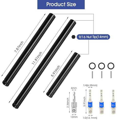 3 Pcs 9/16"(14mm) Power Nut Driver 6'' 8'' & 12'' Length, Nut Runner Hollow Socket with 3 Pcs 1/4" Hex Shank and 360° Rotatable 1/4" Hex Shank, Fit Long Bolts and Ductwork 6'' 8'' & 12''