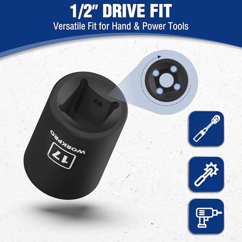 WORKPRO 1/2” Drive Shallow Impact Socket Set, Metric Cr-V Steel 6-Point Socket Set with Storage Case for Automotive Maintenance and Repairs (14PCS 10-27mm) 14 PCS, Metric