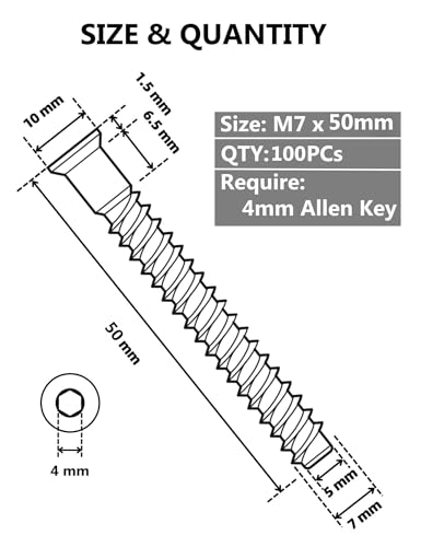 Confirmat Screws, 100 PCS M7 x 50mm, Hex Socket Drive Countersunk Self-Tapping Furniture Connecting Screw Set Carbon Steel Zinc Plated Silver
