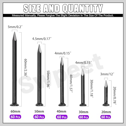 Swpeet 300Pcs 5 Sizes 3/4" 1-1/4" 1-3/5" 2" 2-3/8" Black Hardware Nails Assortment Kit，Steel Nail, Galvanized Nails, Small Nails, Finishing Nails, Wall Nails, Wood Nails, Nails for Concrete Brick